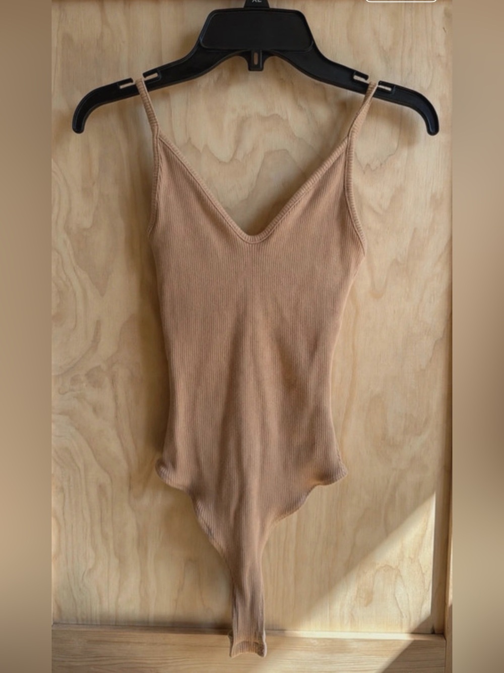 Lulu's Ribbed V-Neck Bandeau Bodysuit in Tan